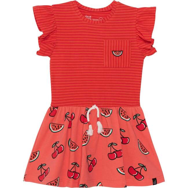 Organic Cotton Short Sleeve Dress, Red Stripe And Coral Cherry Print - Dresses - 1