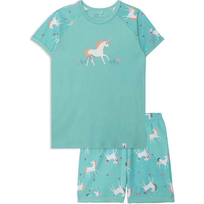 Organic Cotton Two-Piece Shorts, Pajama Set, Turquoise Unicorn Print - Pajamas - 1