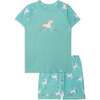 Organic Cotton Two-Piece Shorts, Pajama Set, Turquoise Unicorn Print - Pajamas - 1 - thumbnail
