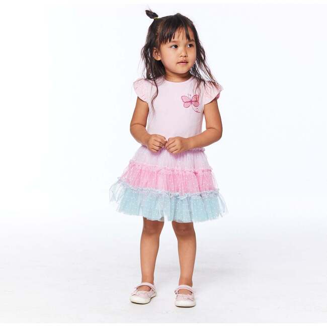 Organic Cotton Short Sleeve Dress With Ruffle Tulle Skirt, Light Pink - Dresses - 4