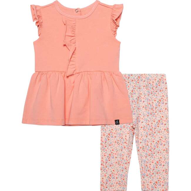 Organic Cotton Printed Tunic And Leggings Set, Peach And Pink Little Flowers - Mixed Apparel Set - 1