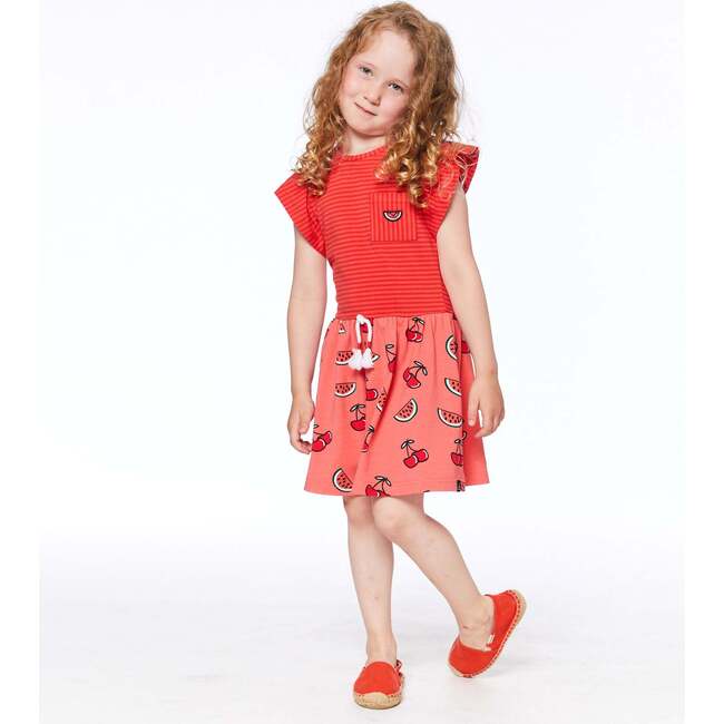 Organic Cotton Short Sleeve Dress, Red Stripe And Coral Cherry Print - Dresses - 3