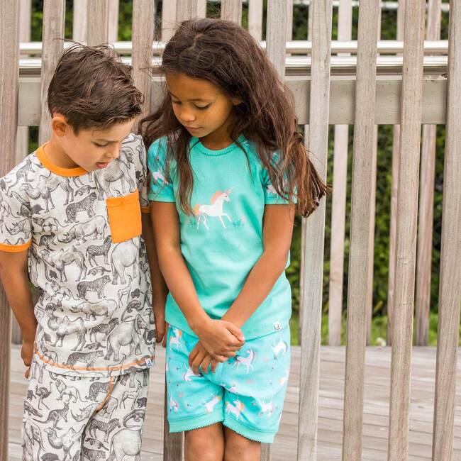 Organic Cotton Two-Piece Shorts, Pajama Set, Turquoise Unicorn Print - Pajamas - 2