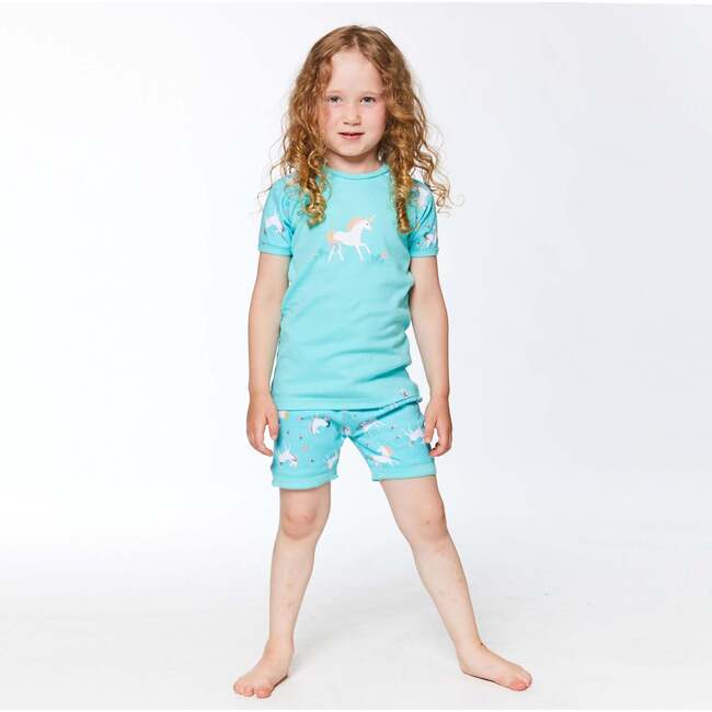 Organic Cotton Two-Piece Shorts, Pajama Set, Turquoise Unicorn Print - Pajamas - 3