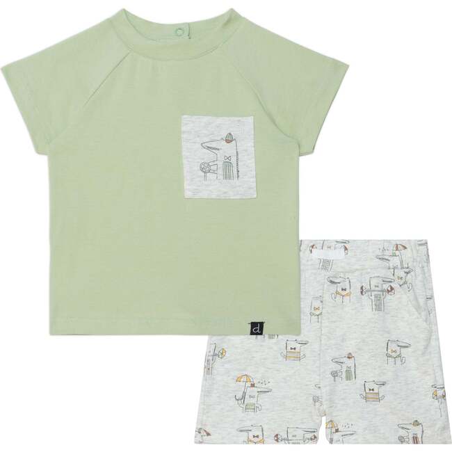 Organic Cotton Printed Top And Short Set, Light Green And Heather Beige Alligator