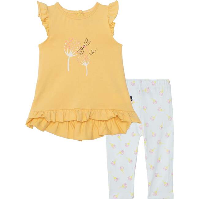 Organic Cotton Printed Top And Leggings Set, Yellow And White Dandelion