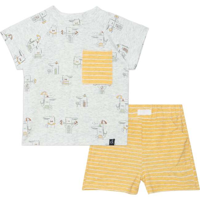 Organic Cotton Printed Top And Short Set, Heather Beige Alligator With Yellow