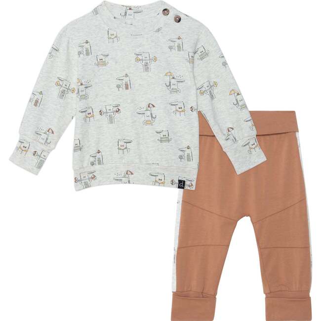 Organic Cotton Printed Top And Pant Set, Heather Beige Alligator