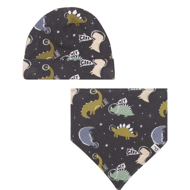 Organic Cotton Printed Hat And Bib Set, Black Astro Dinosaur - Hats - 1