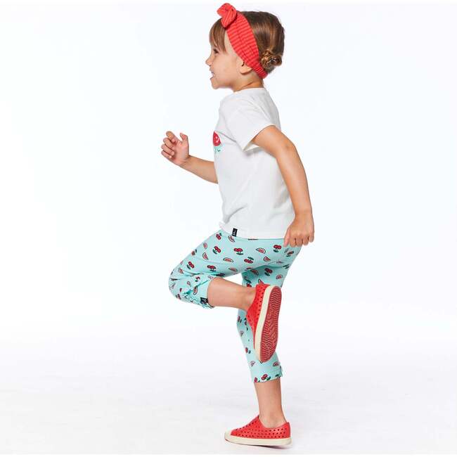 Organic Cotton Printed Capri With Frill, Aqua Cherry - Leggings - 3