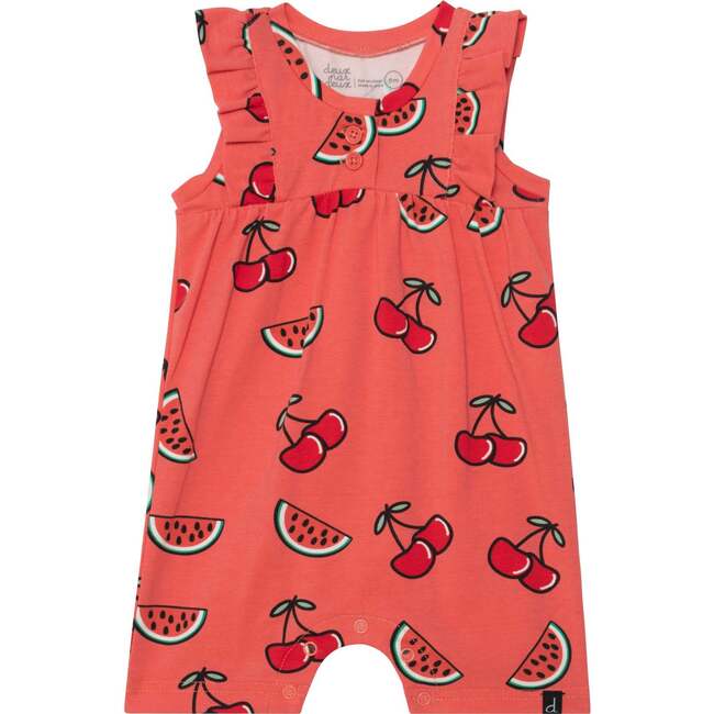Organic Cotton Printed Sleeveless Romper With Frill, Coral Cherry