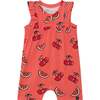 Organic Cotton Printed Sleeveless Romper With Frill, Coral Cherry - Rompers - 1 - thumbnail