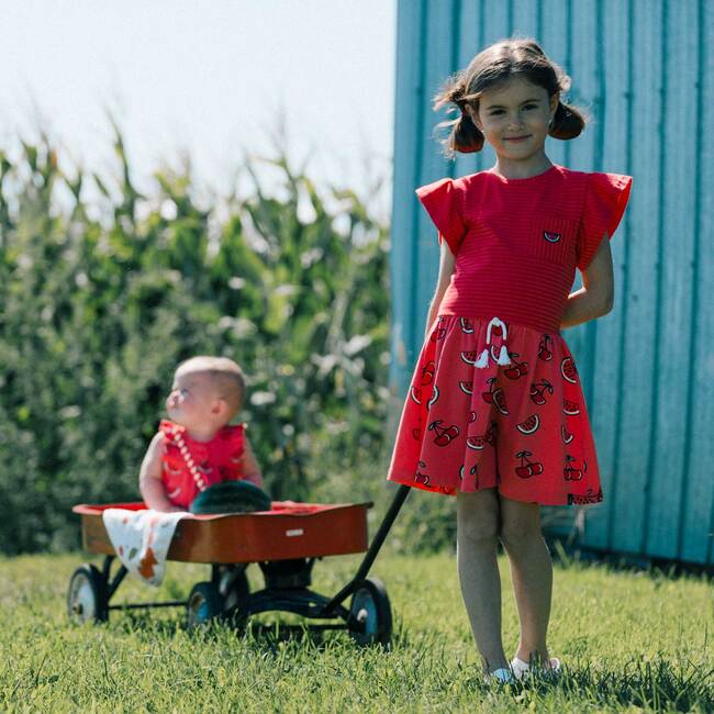 Organic Cotton Printed Sleeveless Romper With Frill, Coral Cherry - Rompers - 2