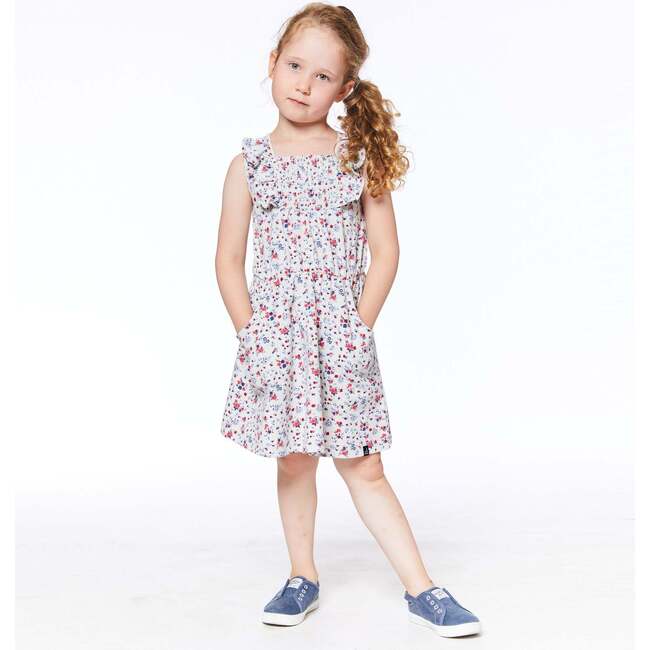 Organic Cotton Printed Sleeveless Smocked Dress, Oatmeal Mix Little Flowers - Dresses - 3