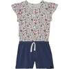 Organic Cotton Printed Short Sleeve Jumpsuit, Oatmeal Mix Little Flowers - Rompers - 1 - thumbnail