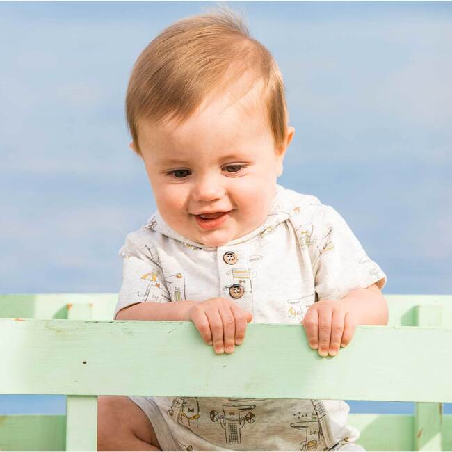 Organic Cotton Printed Romper, Heather Beige Alligator - Rompers - 2