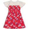 Bi-Material Printed Short Sleeve Smocked Dress, Red Flowers - Dresses - 1 - thumbnail
