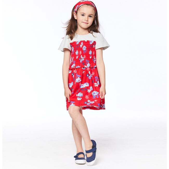 Bi-Material Printed Short Sleeve Smocked Dress, Red Flowers - Dresses - 2