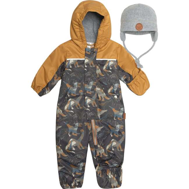 Baby Printed One-Piece And Hat Set, Khaki Dinosaurs