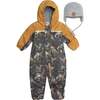 Baby Printed One-Piece And Hat Set, Khaki Dinosaurs - Snowsuits - 1 - thumbnail