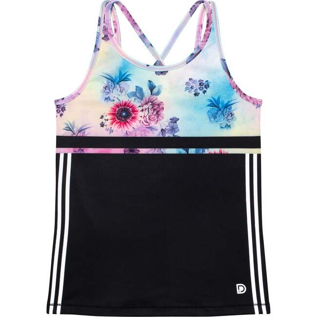 Athletic Tank Top, Multicolor With Printed Flowers And Black
