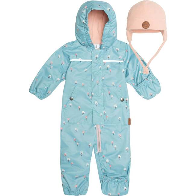 Baby Printed One-Piece And Hat Set, Dusty Blue Mini Flowers