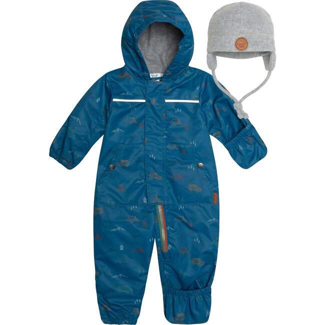 Baby Printed One-Piece And Hat Set, Blue Camping