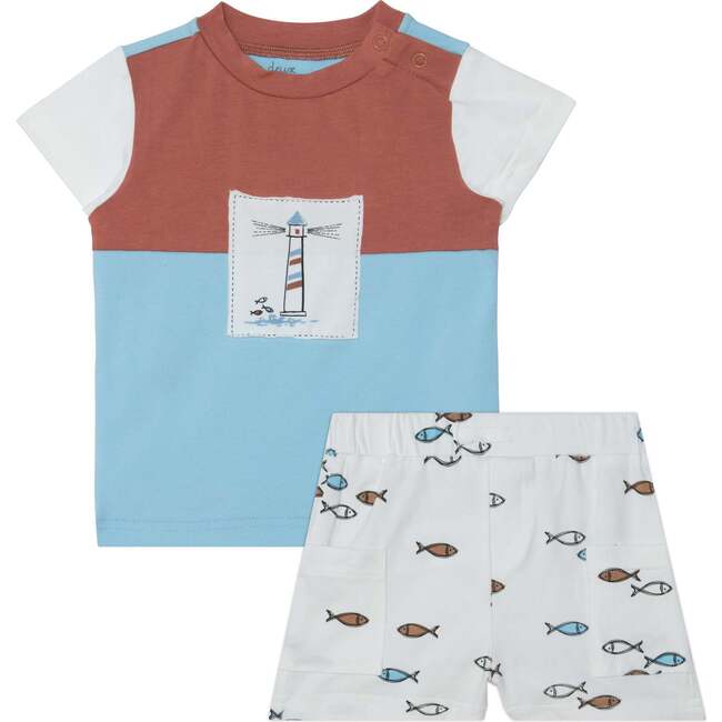 Organic Cotton Colorblocked Top And Short Set, Brown And Blue With White Fish Print