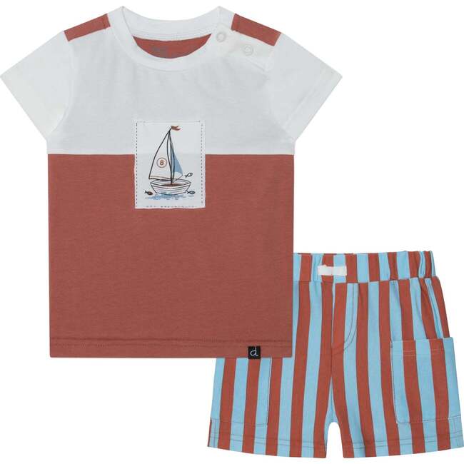 Organic Cotton Colorblocked Top And Short Set, White And Brown With Stripe