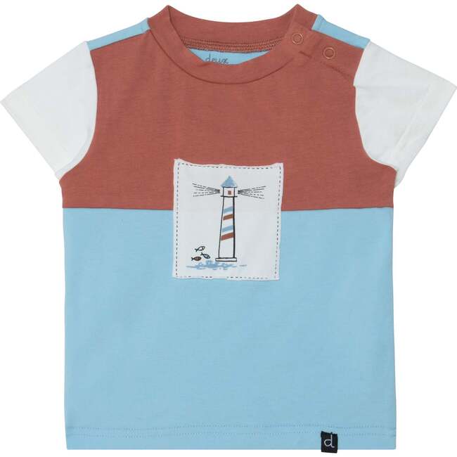 Organic Cotton Colorblocked Top And Short Set, Brown And Blue With White Fish Print - Mixed Apparel Set - 2