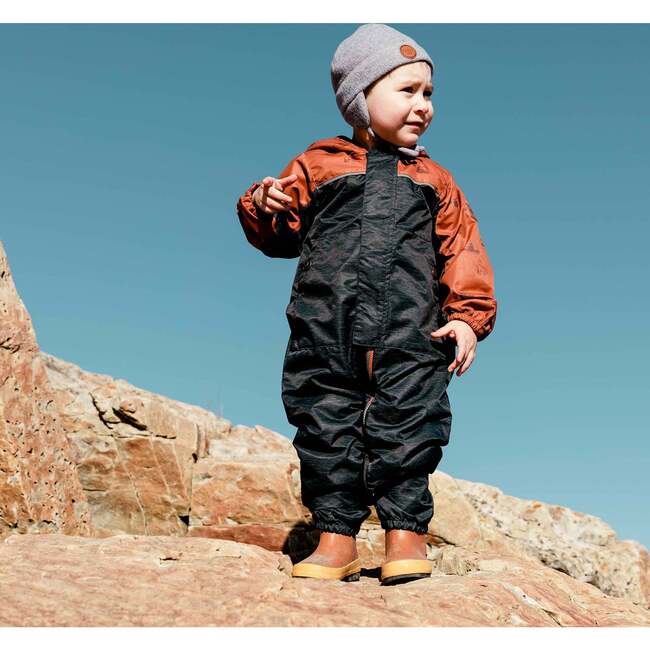 Baby Printed One-Piece And Hat Set, Brown Forest And Black Texture - Snowsuits - 2