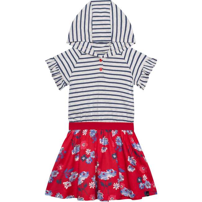 Organic Cotton Bi-Material Printed Hooded Dress, Oatmeal Mix And Red Flowers