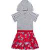 Organic Cotton Bi-Material Printed Hooded Dress, Oatmeal Mix And Red Flowers - Dresses - 1 - thumbnail