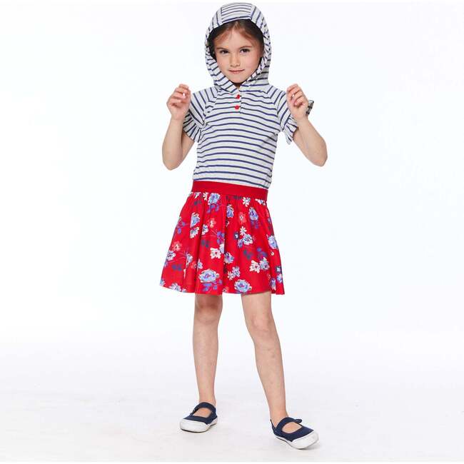 Organic Cotton Bi-Material Printed Hooded Dress, Oatmeal Mix And Red Flowers - Dresses - 2