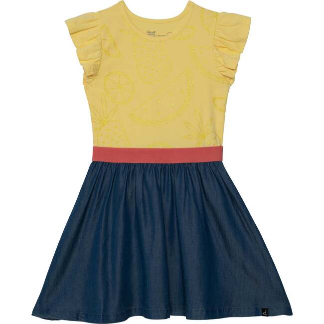 Mixed Fabric Short Sleeve Dress, Yellow And Blue Chambray