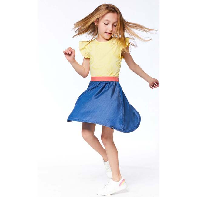 Mixed Fabric Short Sleeve Dress, Yellow And Blue Chambray - Dresses - 3