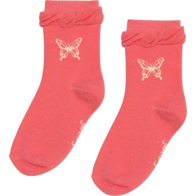 Jacquard Socks, Coral Pink Butterfly Print