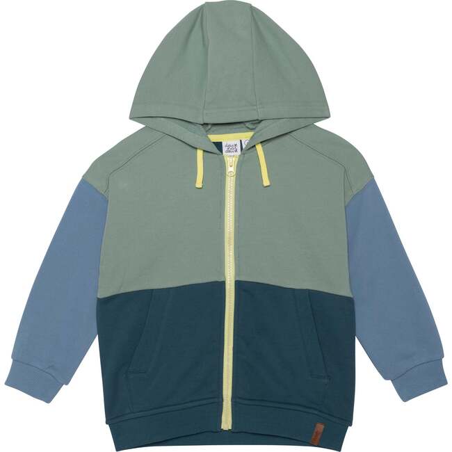 Hooded French Terry Cardigan, Greyish-Green, Teal And Blue