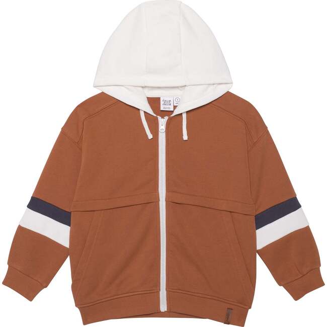 Hooded French Terry Cardigan, Caramel