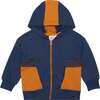 Hooded French Terry Cardigan, Navy Blue And Golden Yellow - Sweatshirts - 1 - thumbnail
