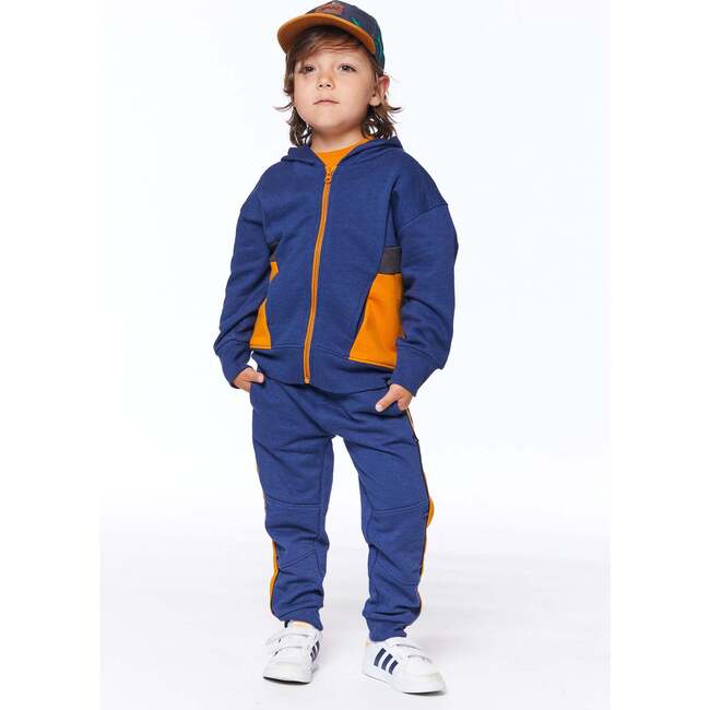Hooded French Terry Cardigan, Navy Blue And Golden Yellow - Sweatshirts - 2