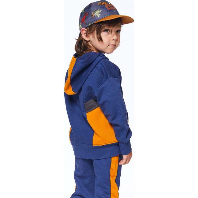 Hooded French Terry Cardigan, Navy Blue And Golden Yellow - Sweatshirts - 3