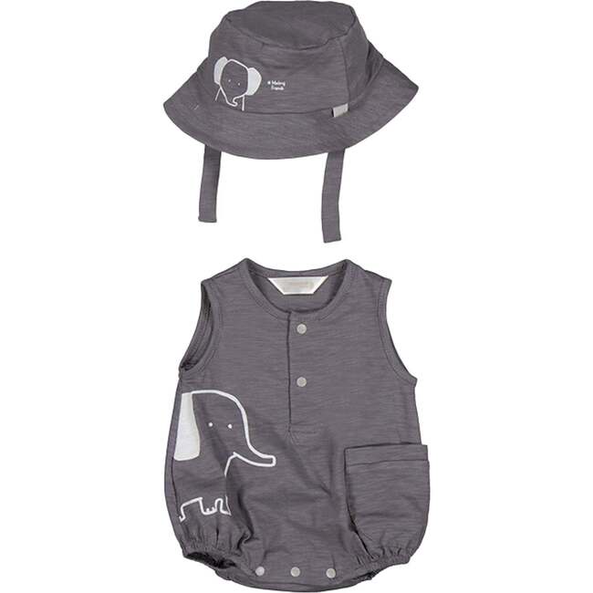 Elephant Graphic Babysuit & Hat, Grey