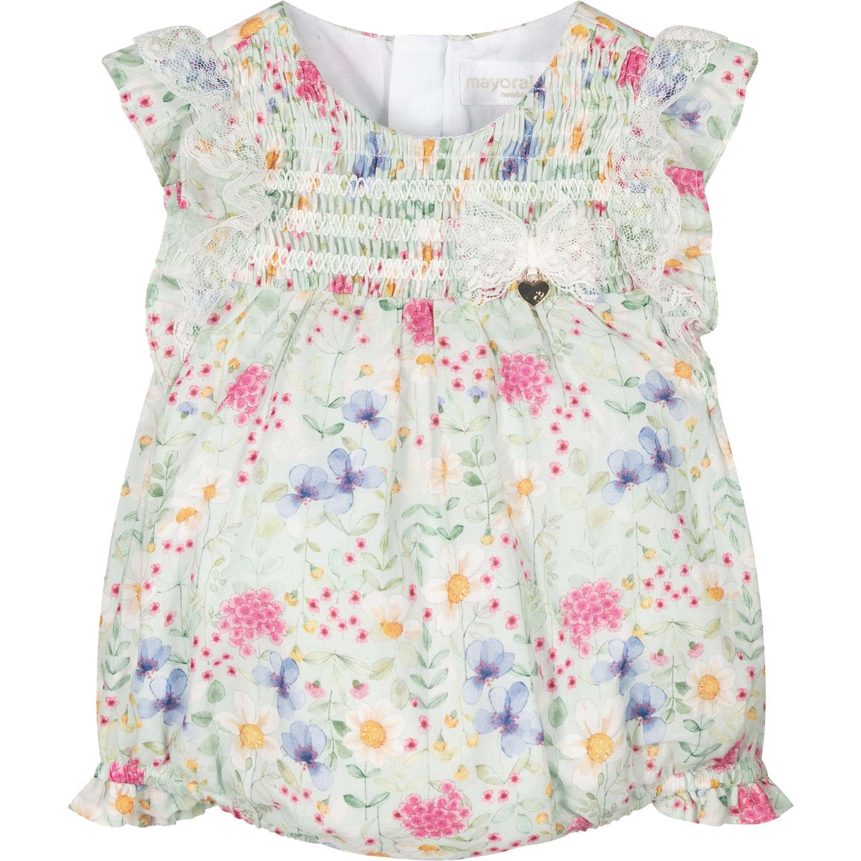 Aqua Floral Ruffle Babysuit, Green - Onesies - 1
