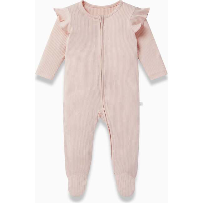 Ribbed Zip-Up Footed Sleepsuit, Blush Frill