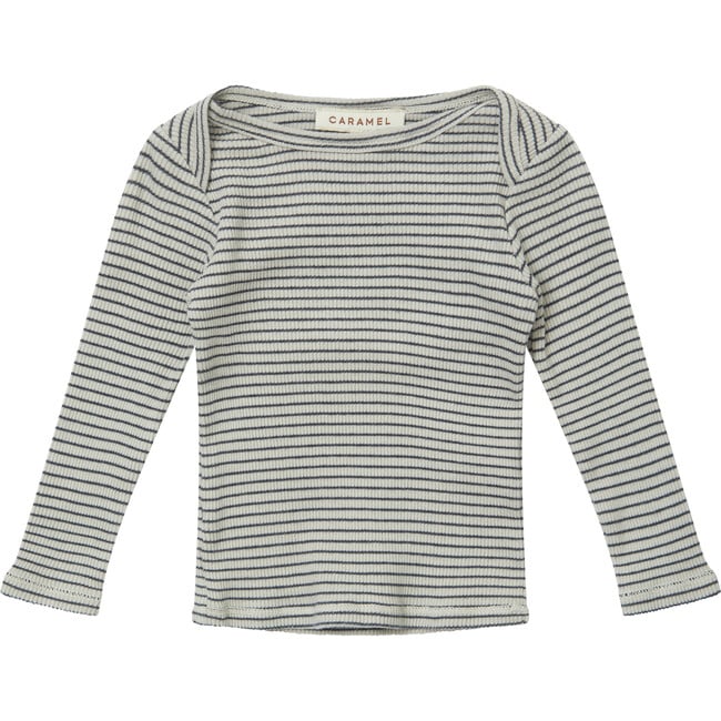 Baby Kishon Top, Pebble And Navy Stripe - T-Shirts - 2