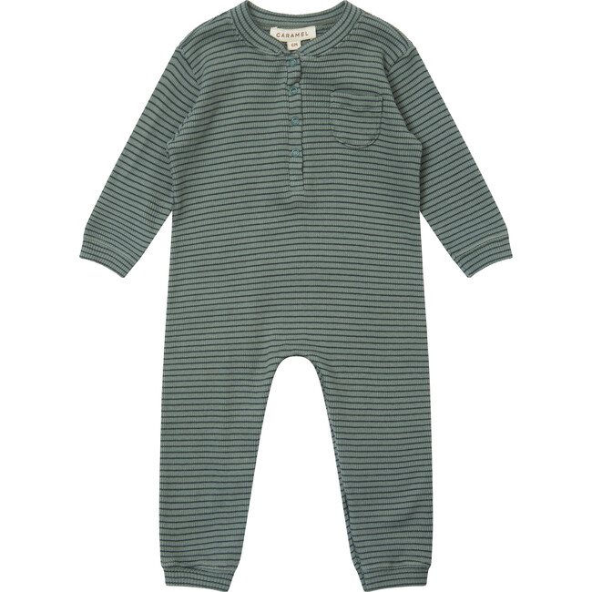 Baby Toadfish Romper, Spruce And Navy Stripe