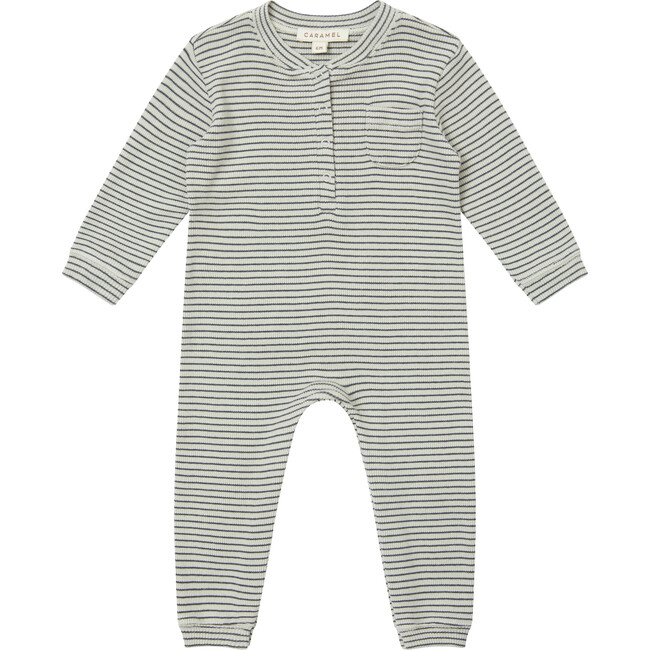 Baby Toadfish Romper, Pebble And Navy Stripe