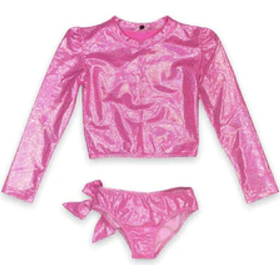 Martinique Two-Piece Rash Guard Crop Top & Bottom With Big Bow, Glitter Neon Pink