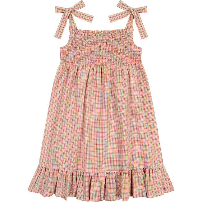 India Smocked Shoulder Tie Sundress, Multi Gingham Check Busy Bees Dresses